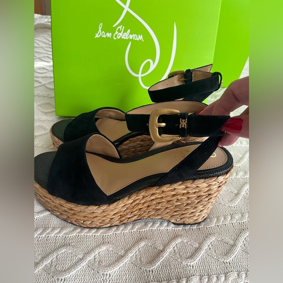 New! Sam Edelman Black Suede Wedge Platform Sandals Women’s Size 10 - Picture 12 of 15